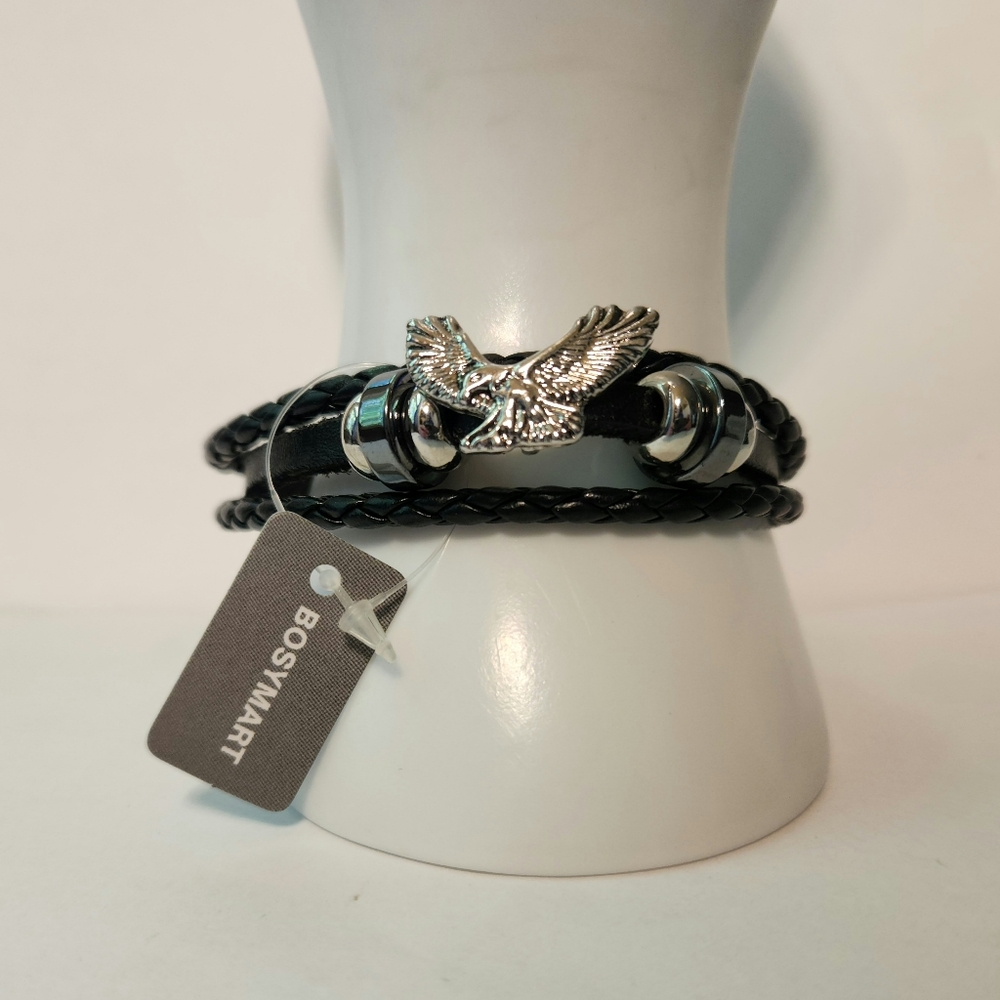 Stainless Steel Black Leather Eagle Bracelet for Men
